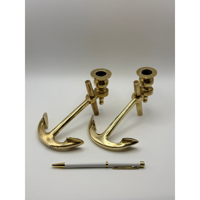 Metal Mid-Century Modern Solid Brass Anchor Candlesticks — A Pair For Sale - Image 7 of 9