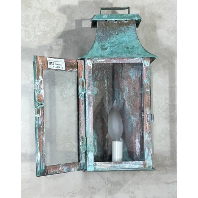 Wall lantern made of solid copper, beautiful oxidized patina with one 60/watt light. Suitable for wet location UL approved...