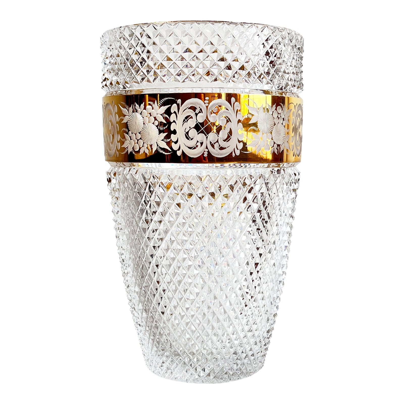 Vintage Moser Cut Crystal Czech Bohemian Vase With Gilded Floral Band