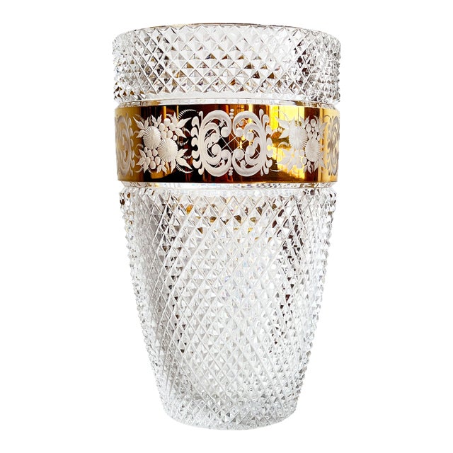 Vintage Moser Cut Crystal Czech Bohemian Vase With Gilded Floral Band For Sale