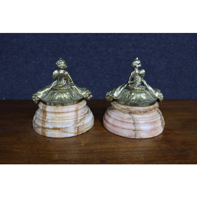 Gold Pair of Italian Marble and Bronze Cherub Lidded Boxes For Sale - Image 8 of 10