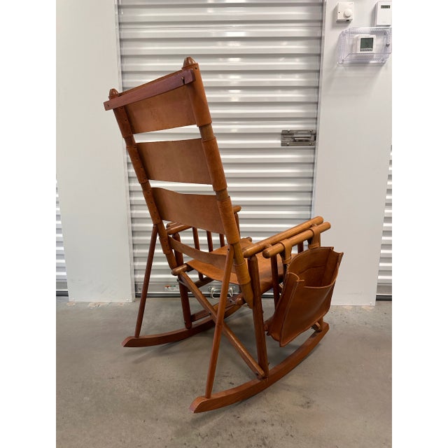 Mid 20th Century Campaign Style Teak Brown Leather Folding Rocker Rocking Chair For Sale In Philadelphia - Image 6 of 12