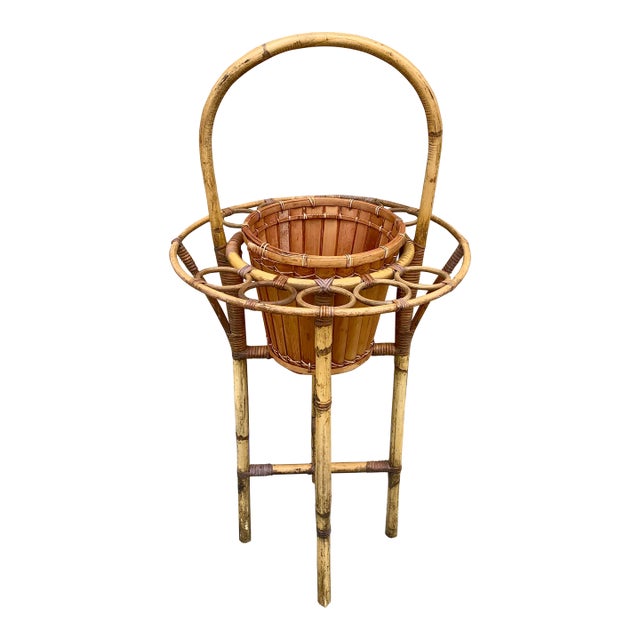 Mid-Century Rattan and Bamboo Champagne Butler Stand For Sale