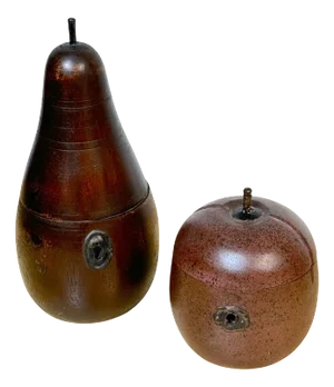 Two 20th C English Style Polychromed Carved Wood Apple & Pear Boxes/Tea Caddies - a Pair