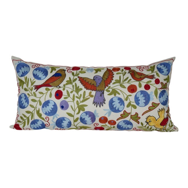 Hand Embroidered Suzani Lumbar Pillow Cover For Sale