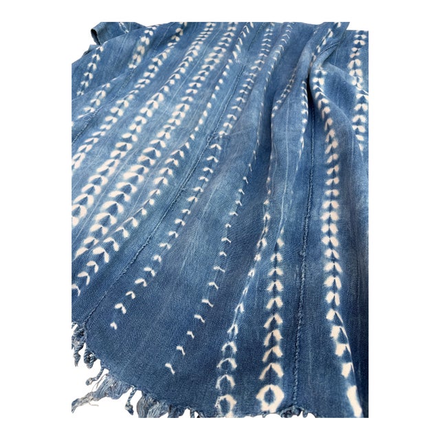 Vintage African Faded Indigo Denim Shibori Mudcloth 58”l X 39”w Textile | No.157 For Sale
