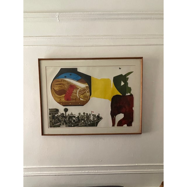 Bold and colorful mixed media collage lithograph by Marvin Lowe (American 1922-1910). A copy of this print is the...