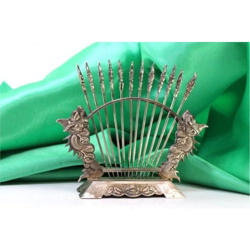 Silver Appetizer Forks on Display Stand with Two Dragons, Set of 12, in Very Good conditions. Designed from 2000 This...