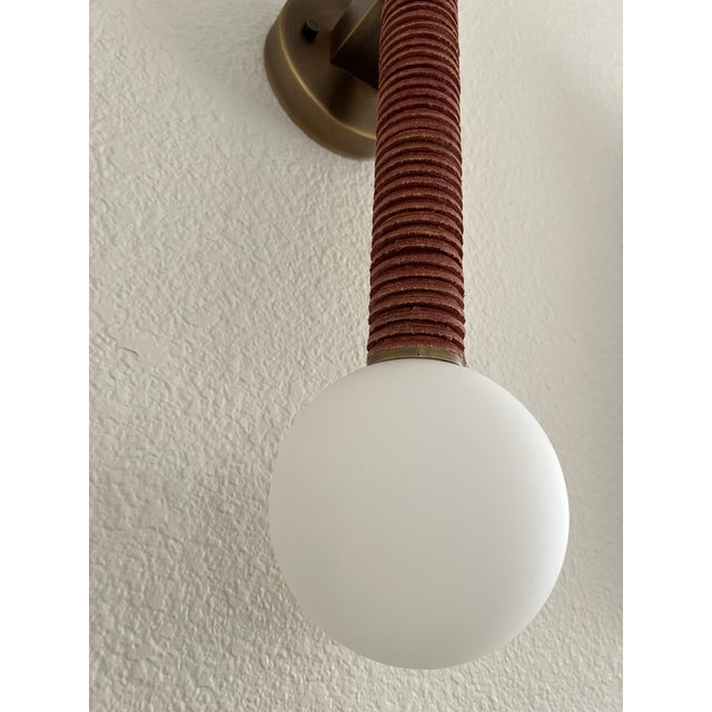 2020s One of a Kind Artisan Wall Sconce Aged Brass Brown Stacked Leather Disks For Sale - Image 5 of 13