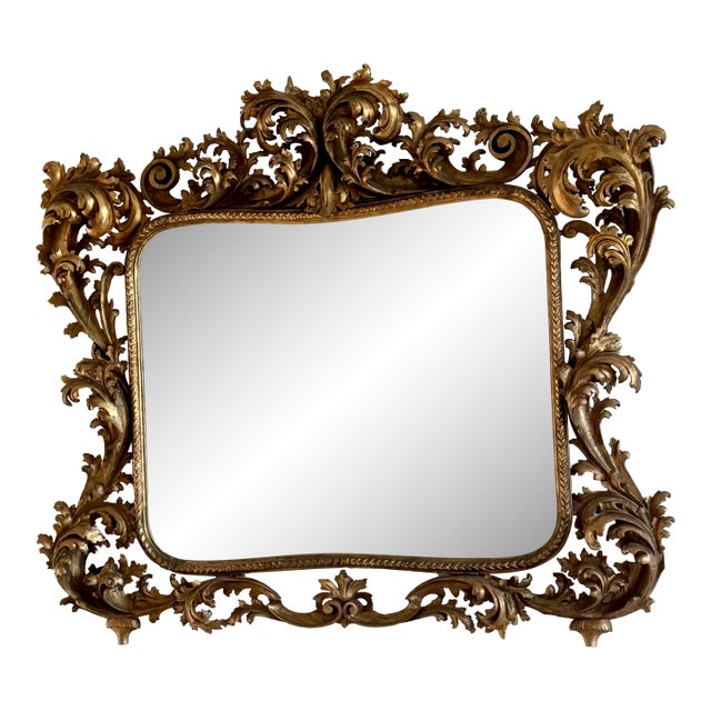 Exceptional Antique Italian Florentine Giltwood Mirror, Hand-Carved in the Baroque Rococo Style For Sale