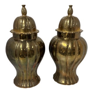 Vintage Hollywood Regency Brass PIneapple Finial Bulbous Urns - A Pair For Sale