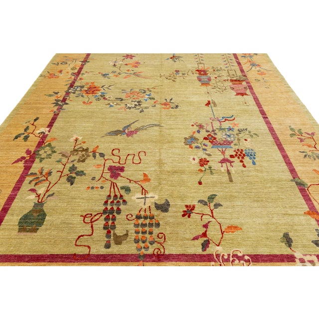 Sage Green Modern Chinese Style Wool Area Rug – Hand-Knotted Chinoiserie Floral For Sale In New York - Image 6 of 11