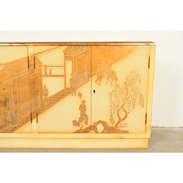 Wood Baker Furniture Style Hollywood Regency Chinoiserie Hand-Painted Cream Lacquered Sideboard Credenza, Circa 1970s For Sale - Image 7 of 11