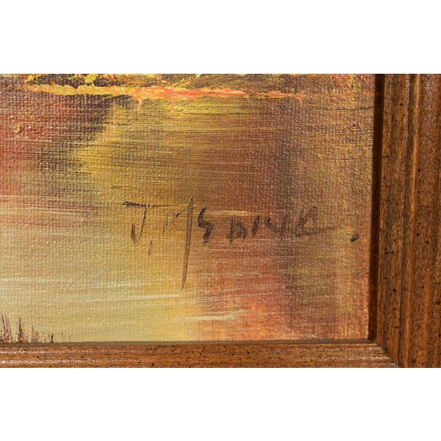 Original Artist Signed Oil Painting on Canvas Rural Landscape of "Covered Bridge" in Carved Walnut and Woven Rattan Frame For Sale - Image 11 of 14