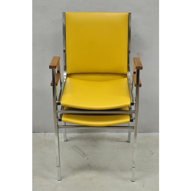 Mid-Century Modern Vintage Nightingale Mid Century Modern Chrome & Yellow Vinyl Stacking Chair Pair For Sale - Image 3 of 15