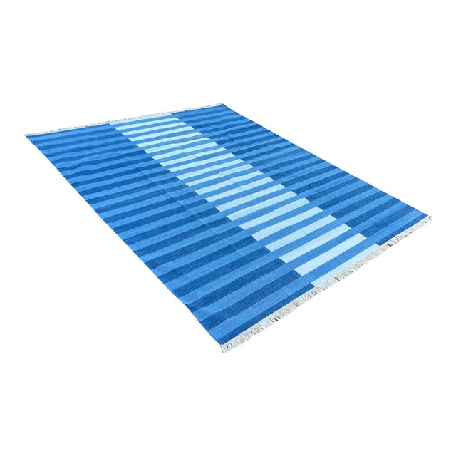 Handmade Cotton Area Rug, Natural Vegetable Dyed, Indigo Blue Striped Rug - 6'x9' For Sale
