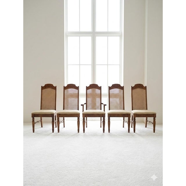 Bernhardt Set of 5 Vintage 1975 Bernhardt Cane Back Dining Chairs - 1 Captain, 4 Side For Sale - Image 4 of 11