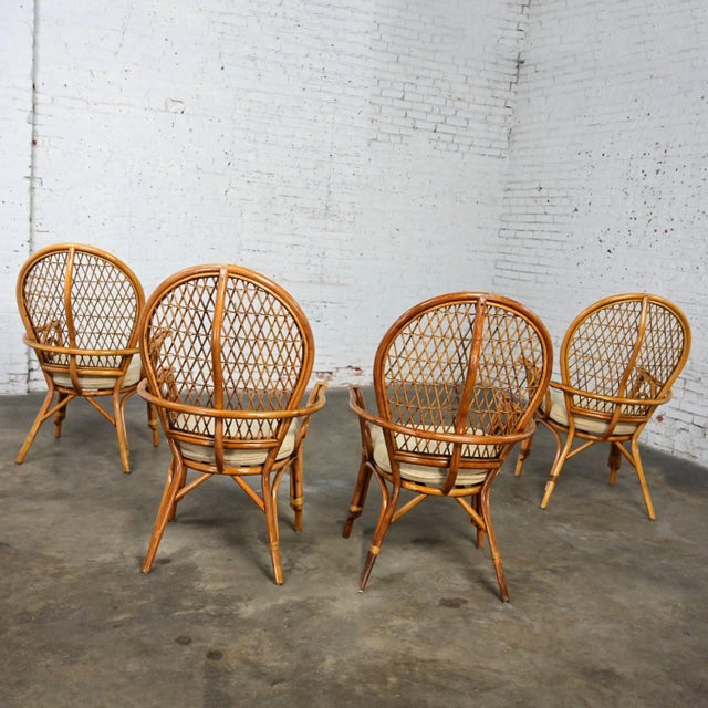 Late 20th Century Late 20th Century Coastal Island Style or Hollywood Regency Balloon Back Rattan Dining Chairs Off White Seats Set of 4 For Sale - Image 5 of 12
