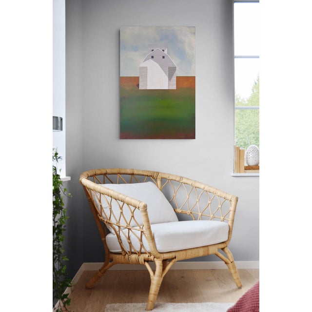 On the Outskirts by Justin Wheatley | Acrylic on Canvas White Barn in Open Field For Sale - Image 9 of 11