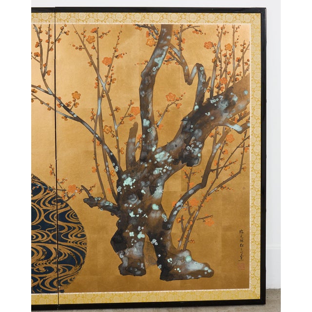 Gold Pair of Red and White Plum Blossom Screens After Ogata Korin For Sale - Image 8 of 12