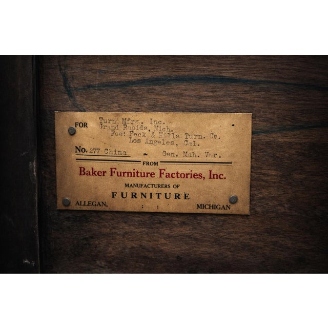 Wood Vintage Baker Furniture Mahogany Cabinet With Bookmatched Veneer & Carved Urn Medallion For Sale - Image 7 of 12