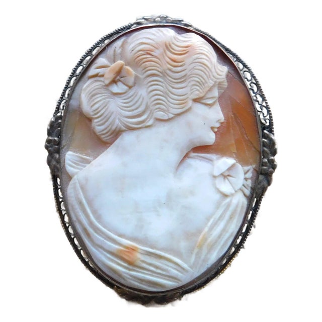 Antique Victorian Cameo Oval 10k Gold Woman Profile Brooch Pin Mesh Floral Mounting For Sale