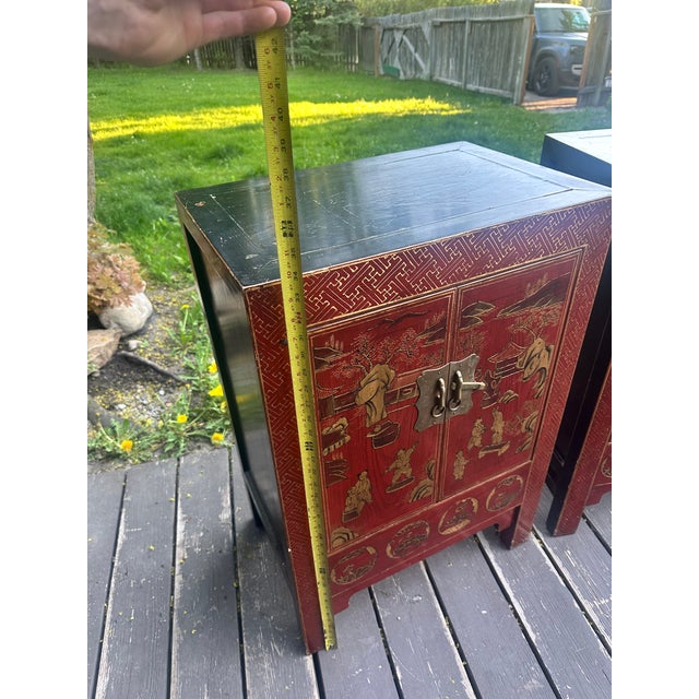 Rare Pair of 19th Century Chinese Red Lacquer Chinoiserie Cabinets For Sale - Image 15 of 16