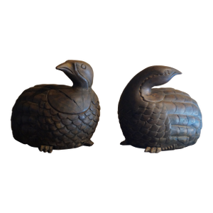 1970s Large Carved Wood Quail Birds Pair