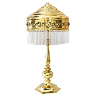 Large Art Deco Brass Table Lamp with Opaline Glass Stones, Vienna, 1920s For Sale