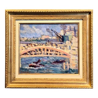 Maximilien Luce -Construction on the Bridge Along the River-1930s Oil Painting For Sale