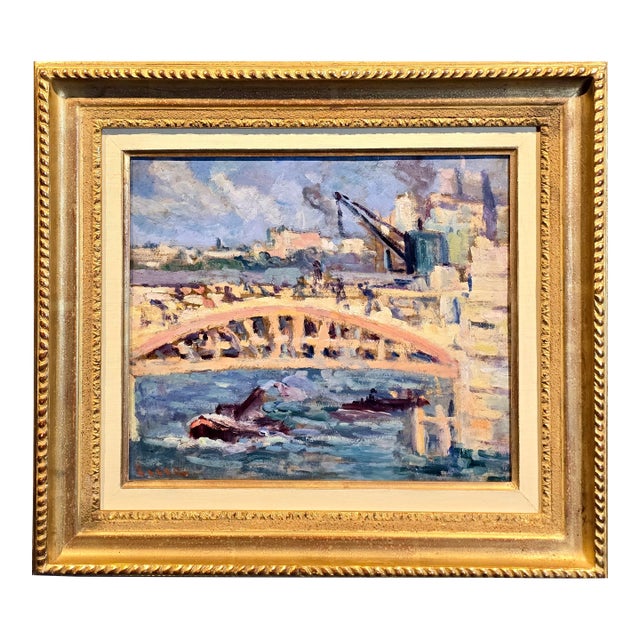 Maximilien Luce -Construction on the Bridge Along the River-1930s Oil Painting For Sale