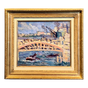 Maximilien Luce -Construction on the Bridge Along the River-1930s Oil Painting