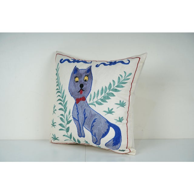Mid-Century Modern Purple Cat Embroidered Pillow – Suzani Art Cushion For Sale - Image 3 of 5