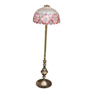 Mid 20th Century Brass Floor Lamp With Spiral Base, Chrome Accents, and Tiffany Style Capiz Shade For Sale