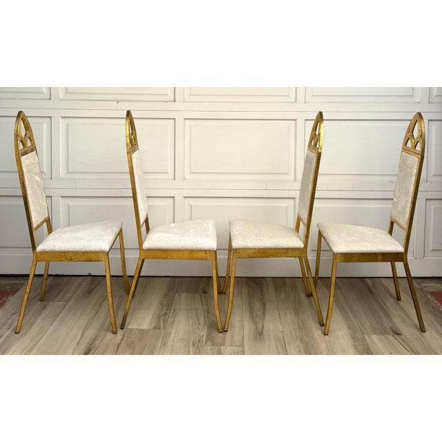 Set of 4 Hollywood Regency Gothic Revival Gilt Dining Chairs in Ivory Bouclé For Sale In Los Angeles - Image 6 of 12