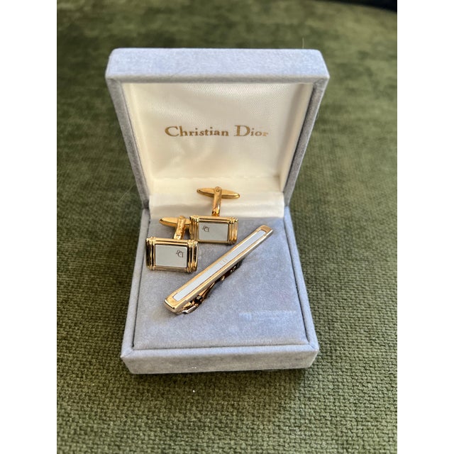 Late 20th Century Rare Vintage Christian Dior Gold Plate Cufflinks & Tie Clip Original Case For Sale - Image 5 of 12