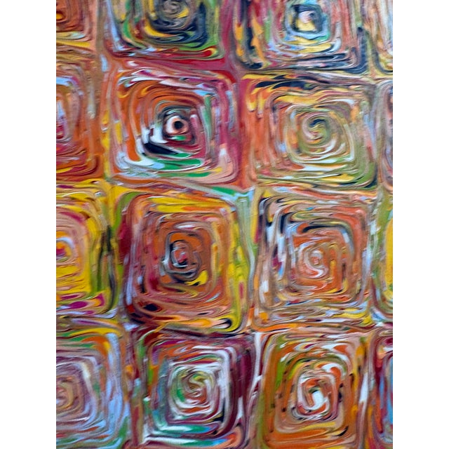 A signed abstract oil painting textured with a vibrant, diagonal mosaic or swirled tile pattern in warm autumn tones.