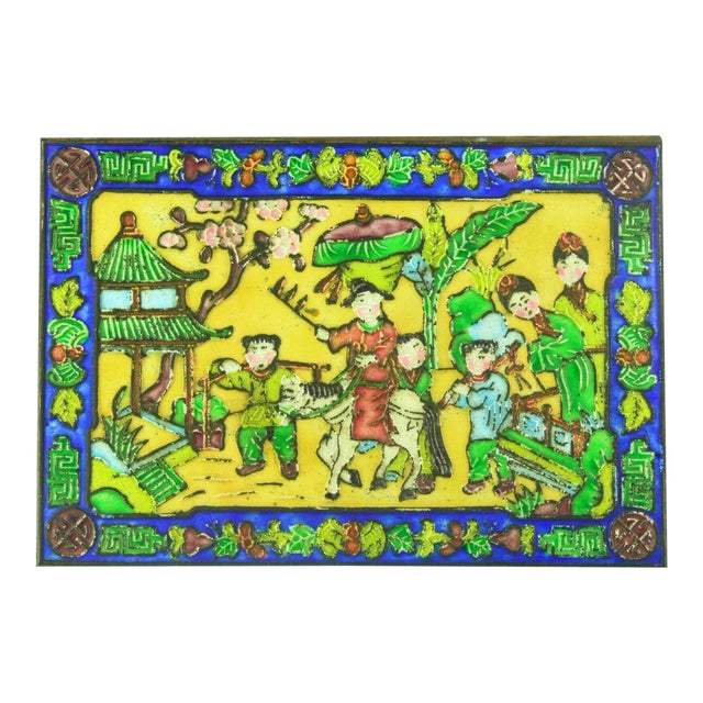 Chinese Polychrome Enameled Brass Box, Wood Lined W. Children Scene For Sale