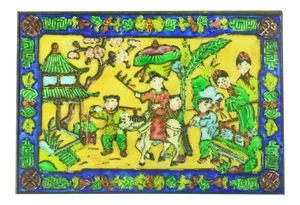 Chinese Polychrome Enameled Brass Box, Wood Lined W. Children Scene
