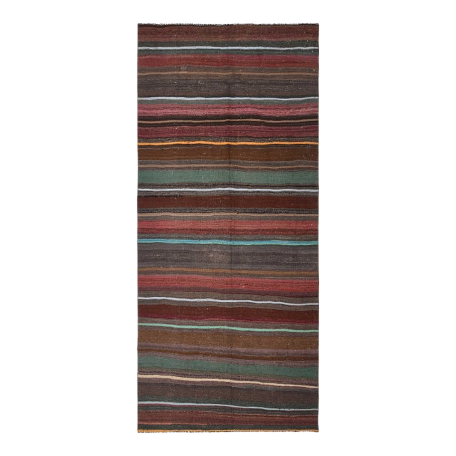 1970s Vintage Handmade Wool Cotton Brown Runner Rug For Sale