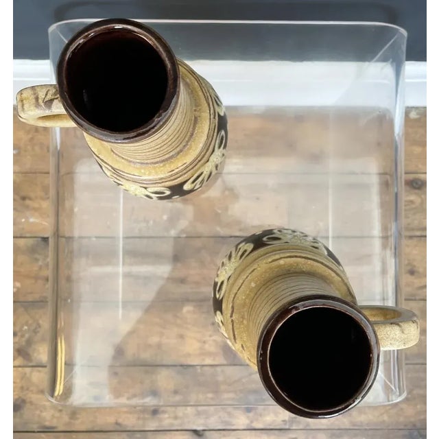 Mid-Century Modern West German Medium Handled Brown & Cream Model 428 26 Vases with Flowers from Scheurich Keramik, 1960s, Set of 2 For Sale - Image 3 of 5