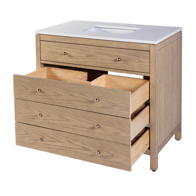 Nora 36 in. W Quartz and Wood Single Sink 3 Drawer Bathroom Vanity Set, Light Oak For Sale In Chicago - Image 6 of 11
