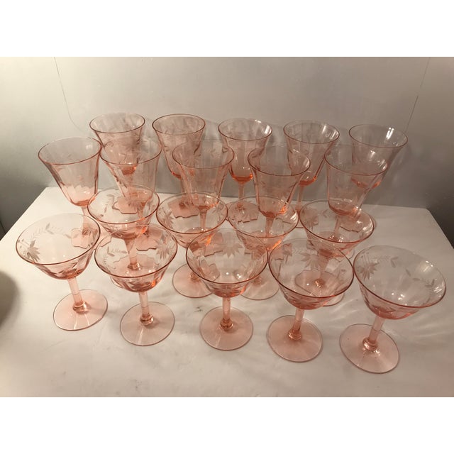 1930s Etched Pink Depression Glass Wine Glasses Stemware Set of 23