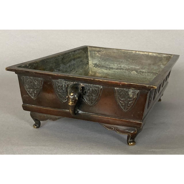 Japanese Small Japanese Suiban With Kenzan; Elephant Head Handles, Bronze Patina For Sale - Image 3 of 5