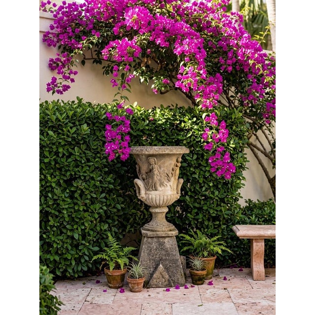 Neo-Classical Style Cast Stone Garden Urn on Pedestal With Bacchanalian Relief For Sale - Image 9 of 10