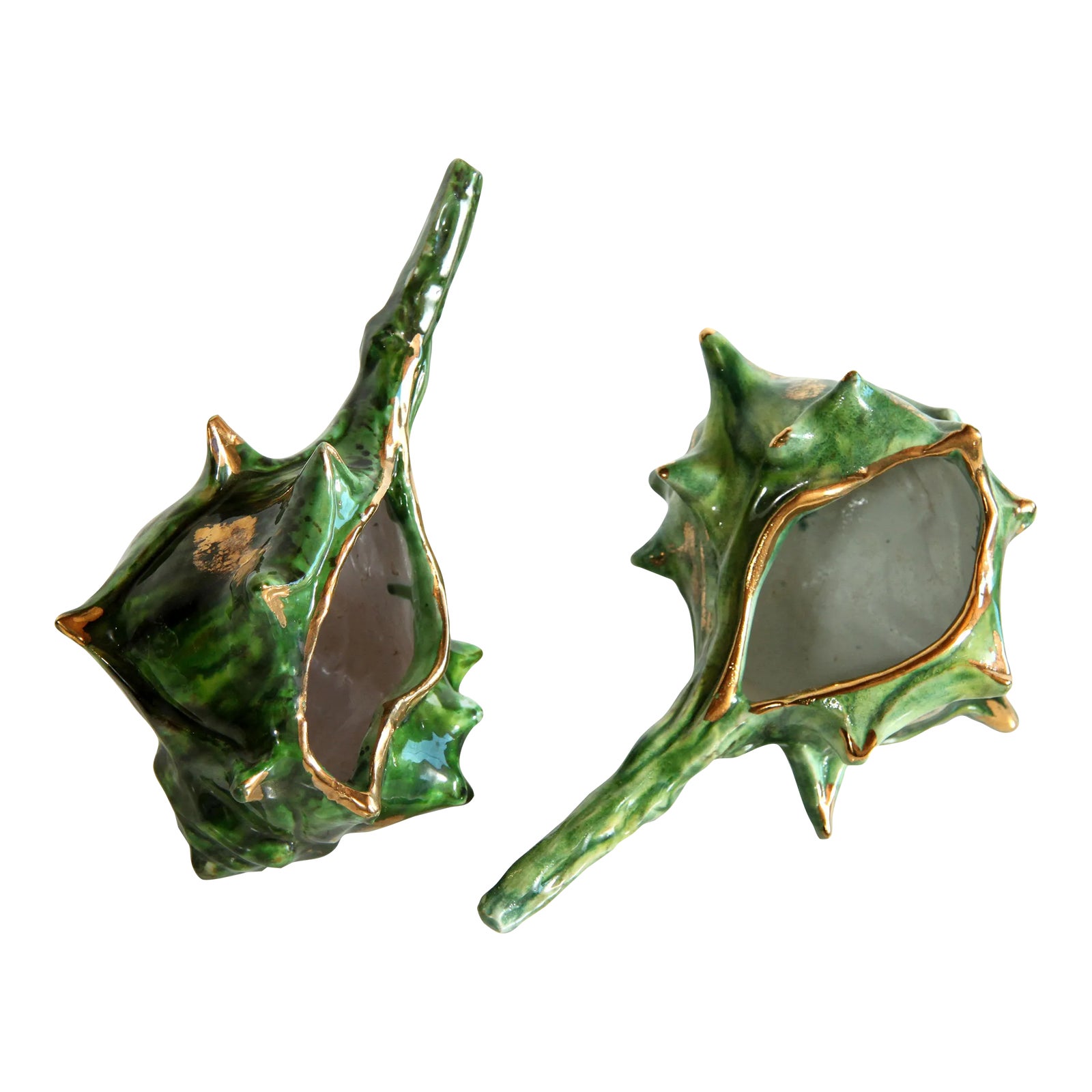 Vintage Italian Ceramic Green & Gold Conch Shell Planters - a Pair
