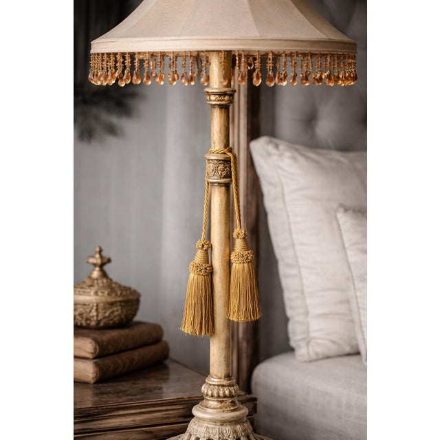 Vintage Hollywood Regency Cast Iron Table Lamp With Beaded Fringe Shade & Dual Tassels – 38” Tall For Sale - Image 9 of 12