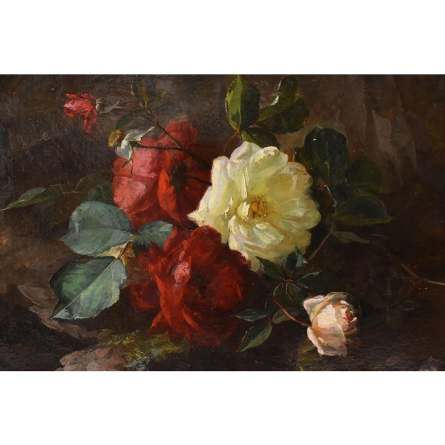 Jean-Marie Poy, Still Life Flowers Vase Red and White Roses, 1800s, Oil on Canvas For Sale - Image 4 of 11