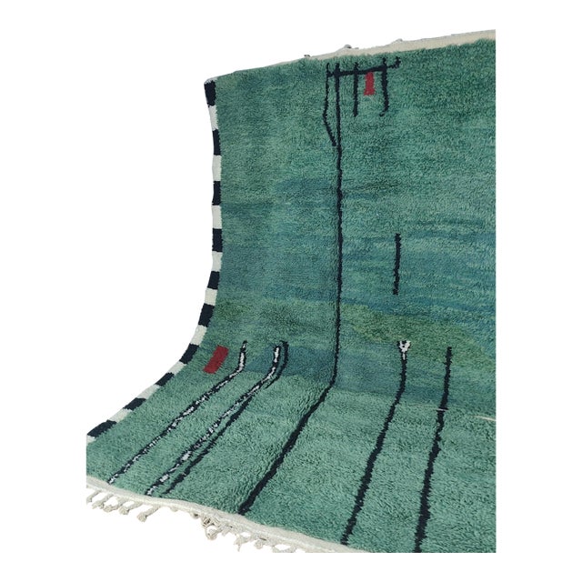 Contemporary Forest Green Abstract Wool Moroccan Rug For Sale