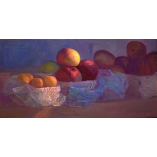 Before Grace by Raymond Bonilla | Oil on panel Still life of fruit in baskets For Sale